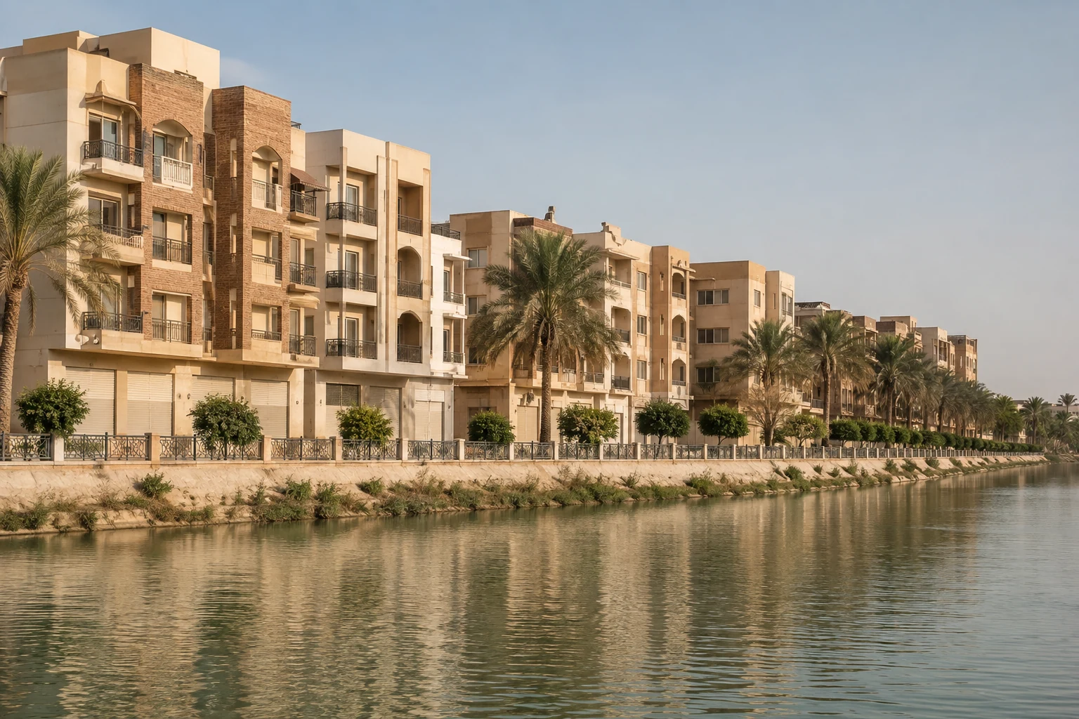 Helle Wohn- und Geschäftshäuser mit Dattelpalmen an einem Wasserlauf in Basra