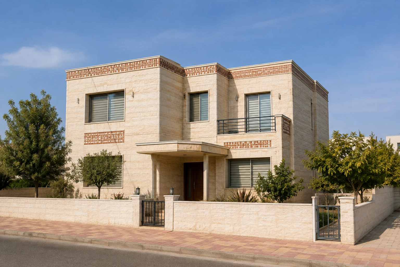 Gepflegtes zweigeschossiges Wohnhaus in Erbil mit hellem Naturstein und kleinem Hof